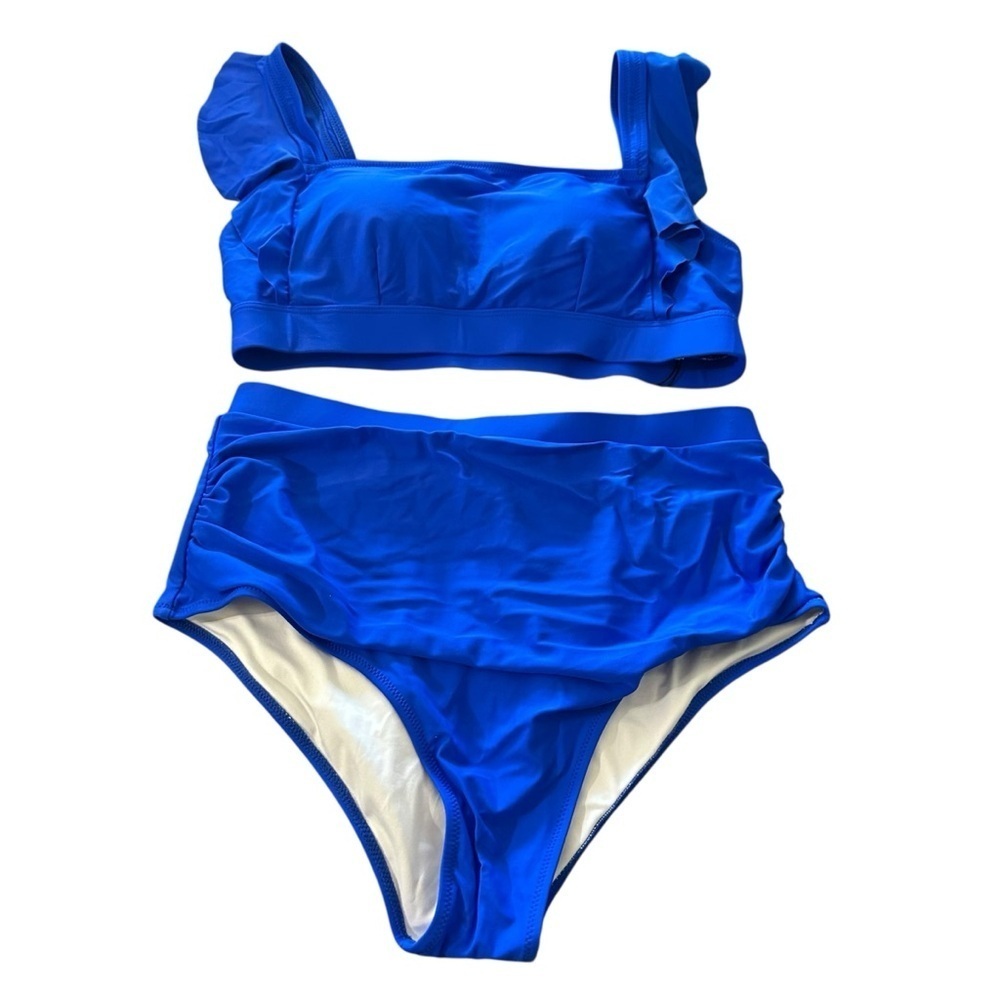 Vibrant Blue Ruffle Bikini with High-Waisted Design